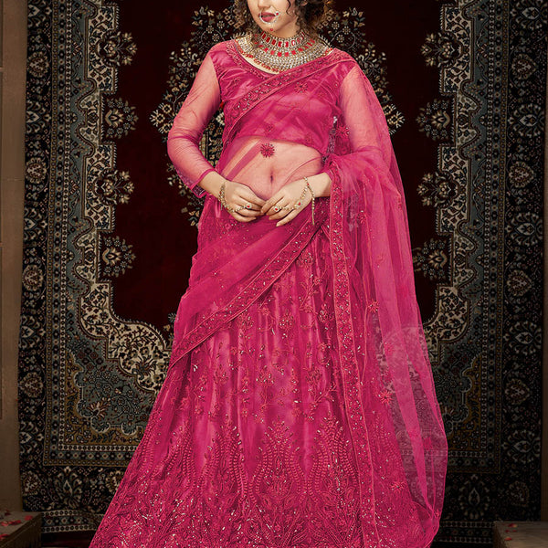 Myra Pink Heavy Embroidered Net Lehenga - Distacart