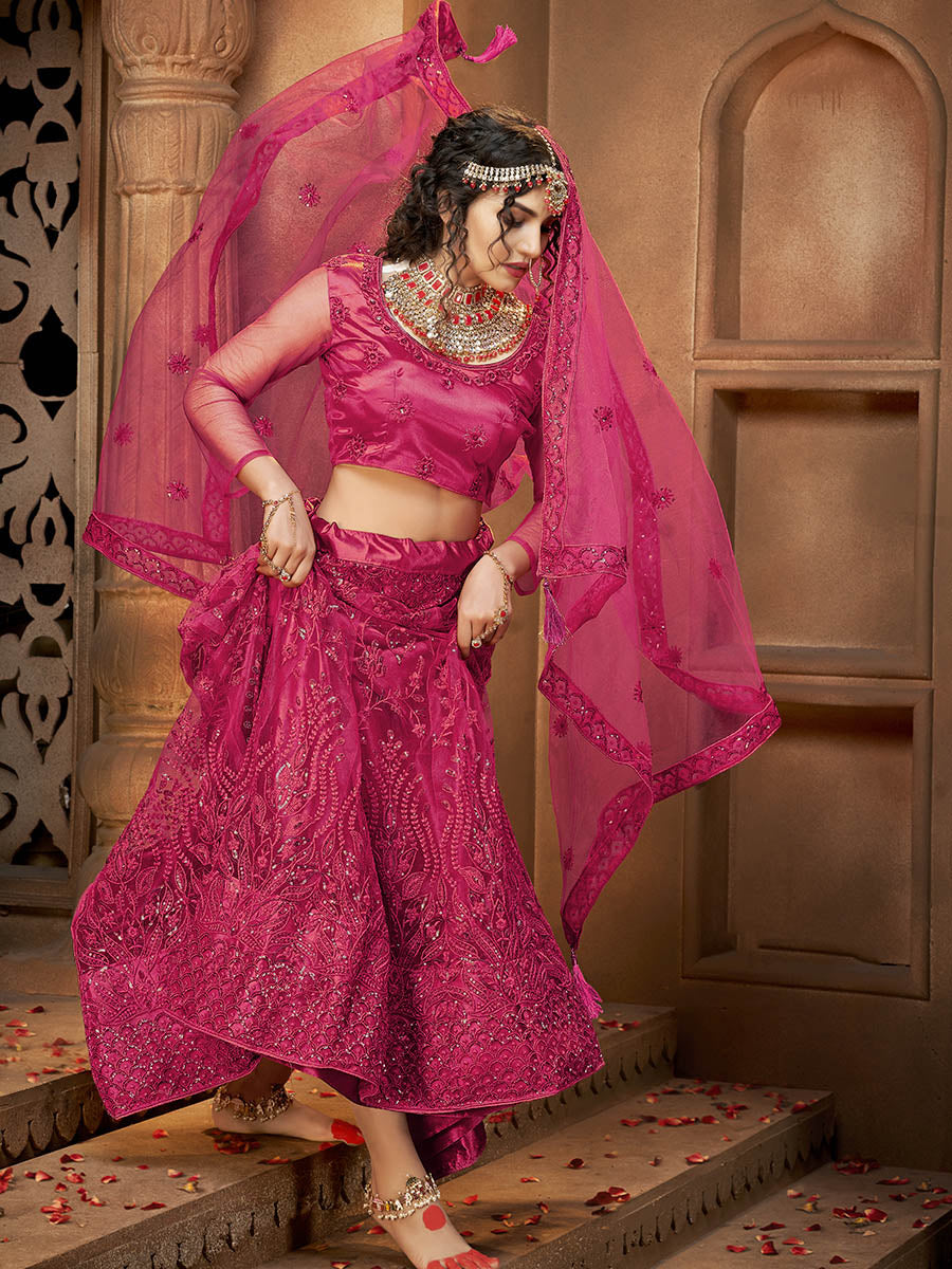 Myra Pink Heavy Embroidered Net Lehenga - Distacart