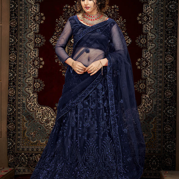 Myra Navy Blue Heavy Embroidered Net Lehenga - Distacart