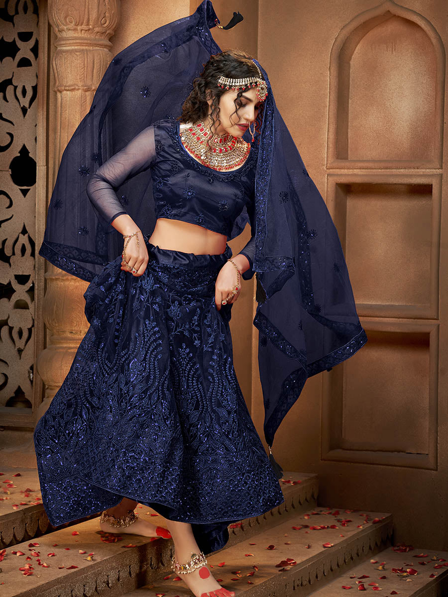 Myra Navy Blue Heavy Embroidered Net Lehenga - Distacart