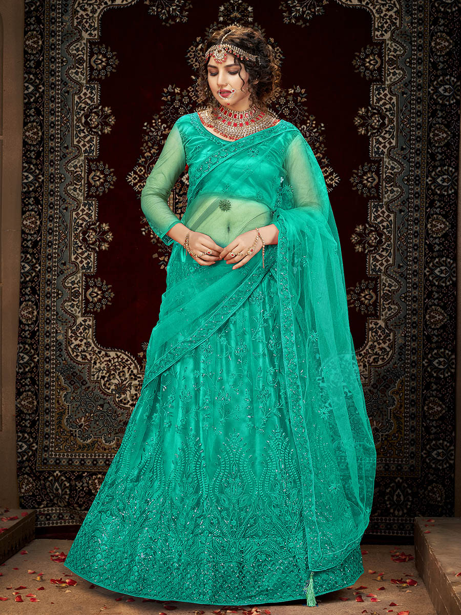 Myra Sea Green Heavy Embroidered Net Lehenga - Distacart