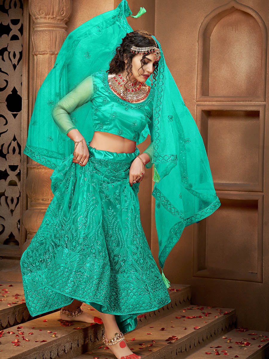 Myra Sea Green Heavy Embroidered Net Lehenga - Distacart
