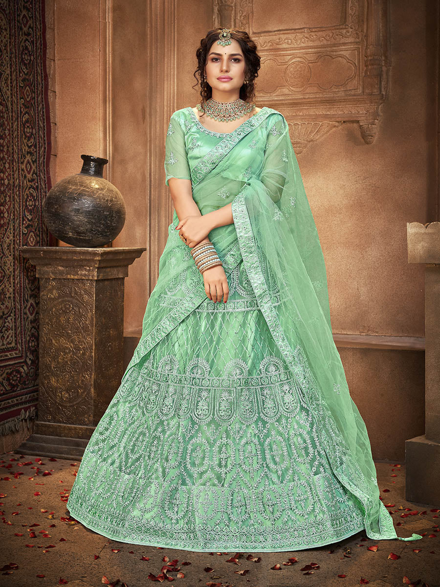 Myra Sea Green Heavy Embroidered Net Lehenga - Distacart