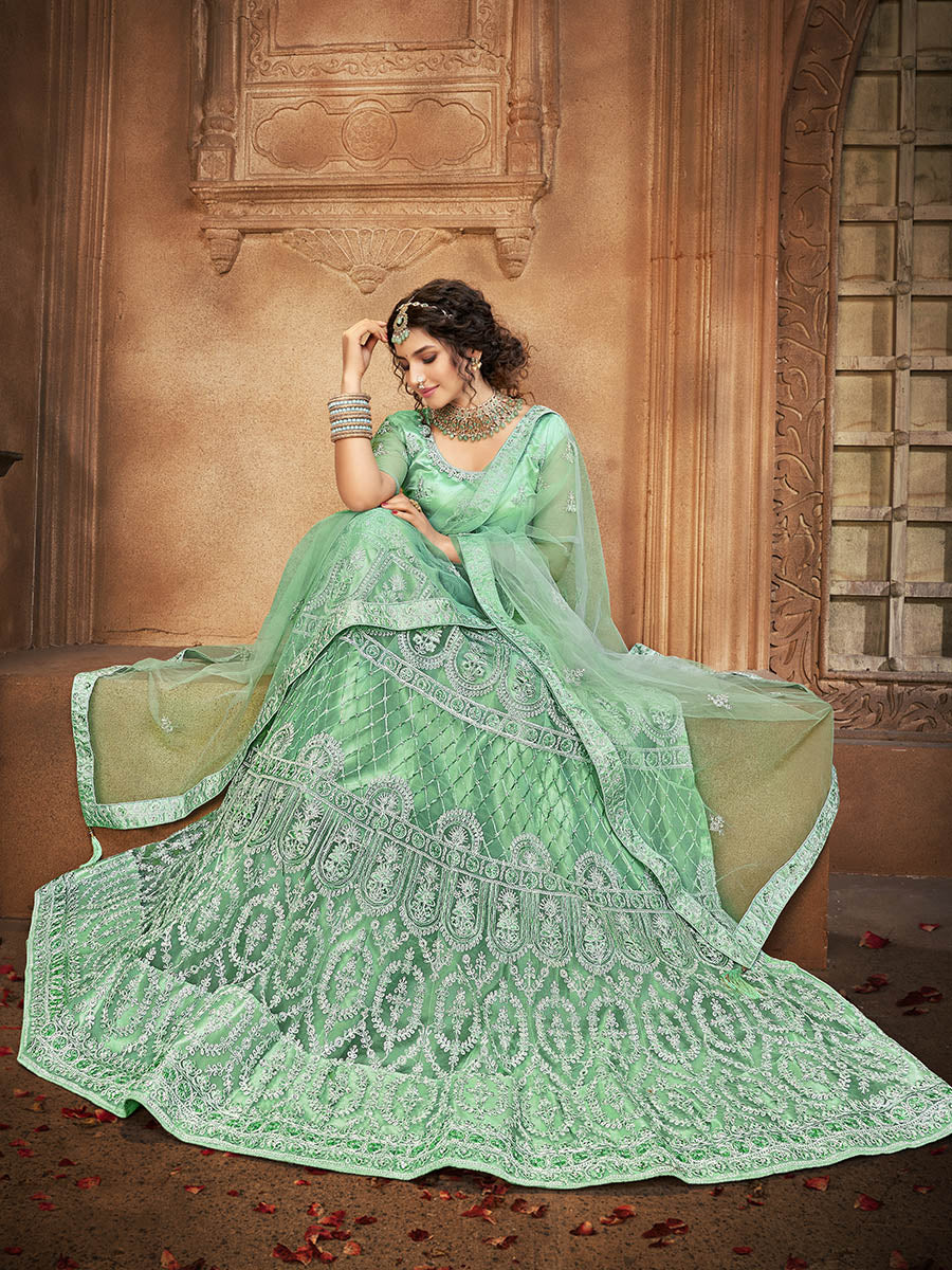 Myra Sea Green Heavy Embroidered Net Lehenga - Distacart