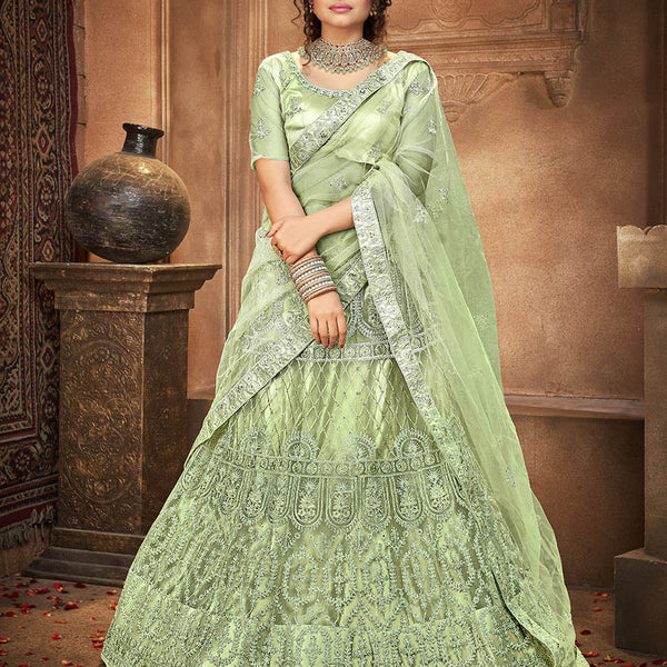 Myra Pista Heavy Embroidered Net Lehenga - Distacart