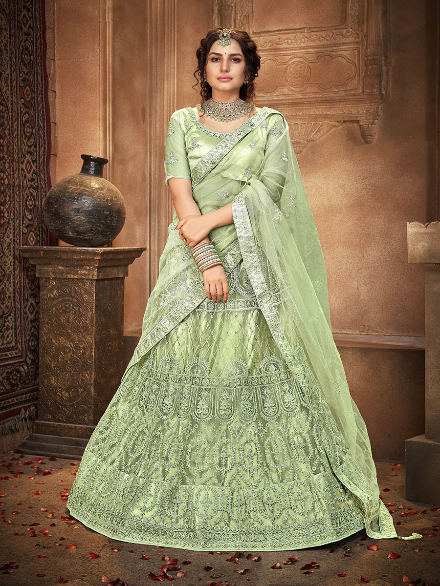 Myra Pista Heavy Embroidered Net Lehenga - Distacart