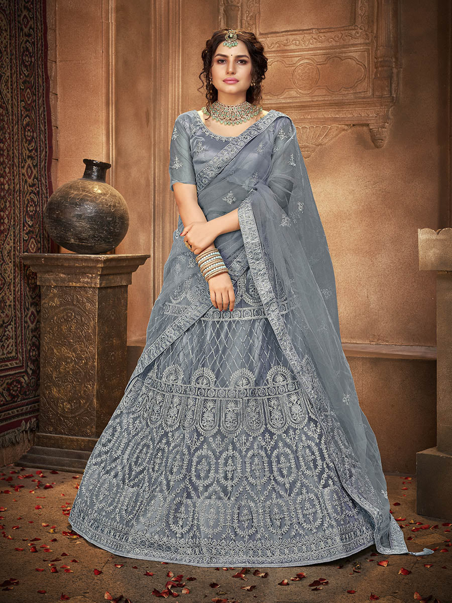 Myra Grey Heavy Embroidered Net Lehenga - Distacart