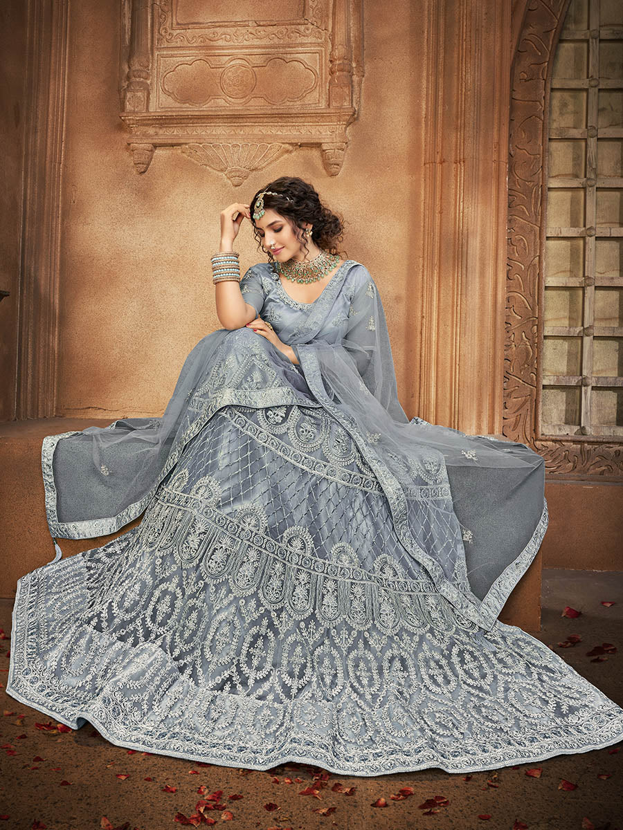 Myra Grey Heavy Embroidered Net Lehenga - Distacart