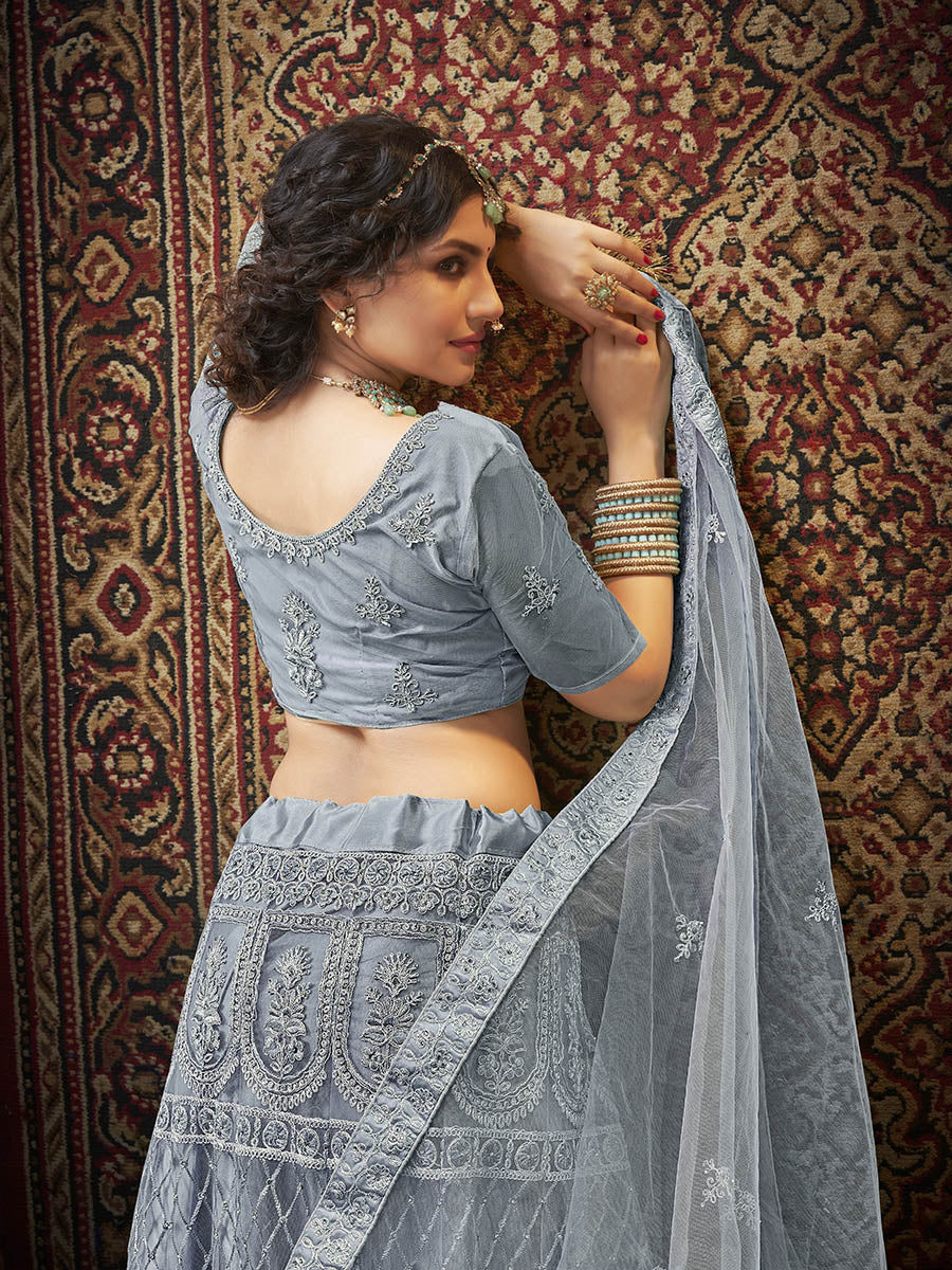 Myra Grey Heavy Embroidered Net Lehenga - Distacart