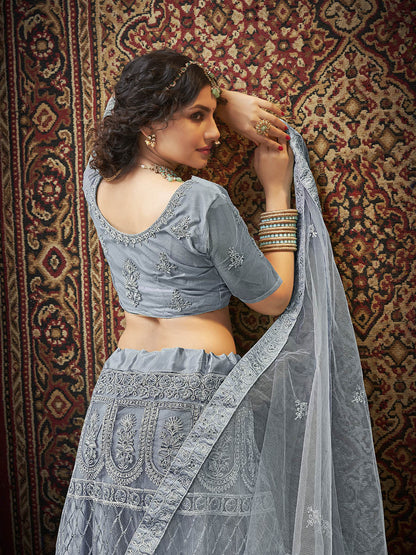 Myra Grey Heavy Embroidered Net Lehenga - Distacart