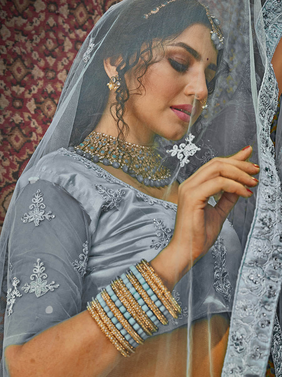 Myra Grey Heavy Embroidered Net Lehenga - Distacart