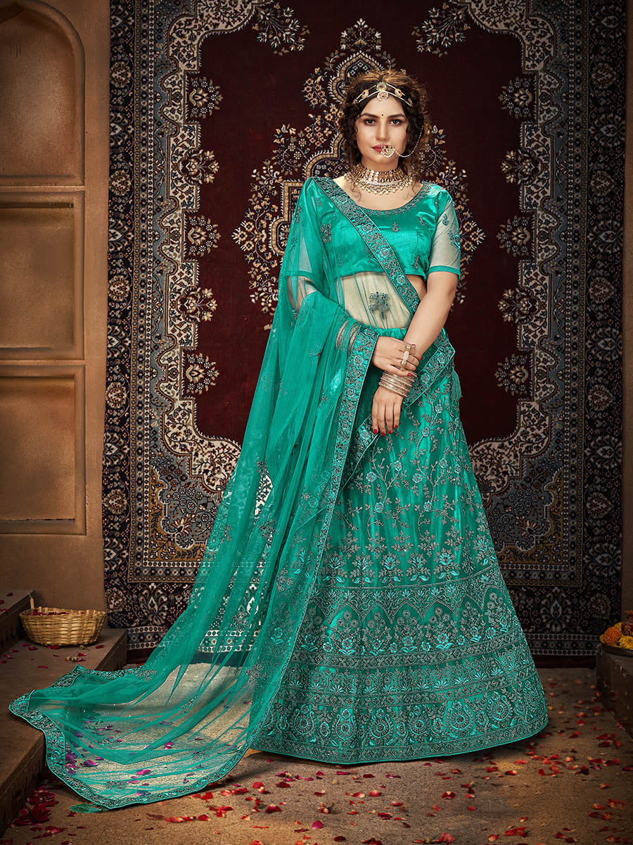 Myra Persion Green Ocean Heavy Embroidered Net Lehenga - Distacart