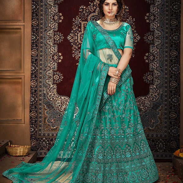 Myra Persion Green Ocean Heavy Embroidered Net Lehenga - Distacart