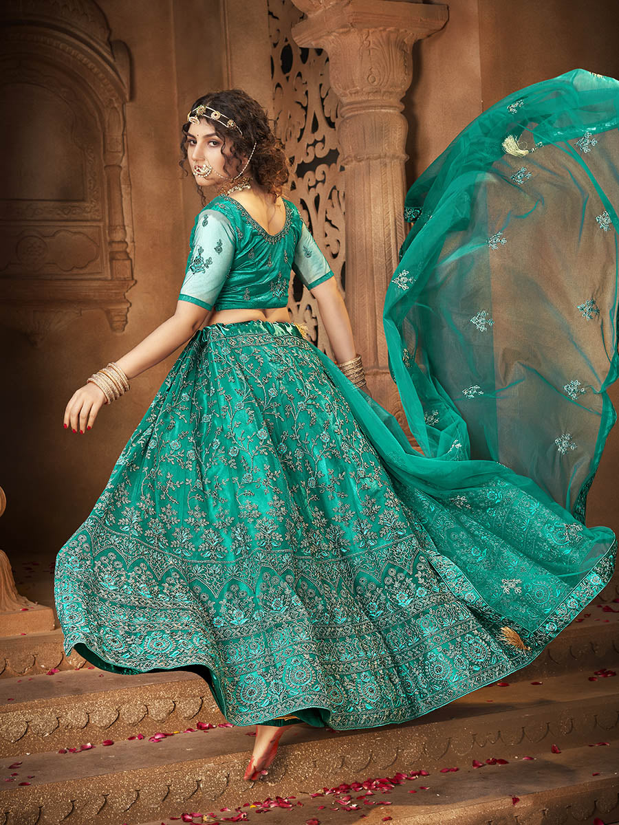 Myra Persion Green Ocean Heavy Embroidered Net Lehenga - Distacart