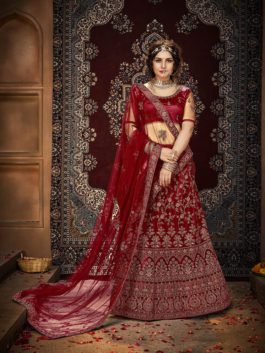 Myra Maroon Ocean Heavy Embroidered Net Lehenga - Distacart