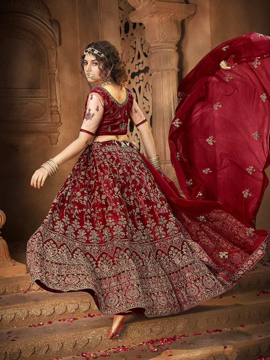 Myra Maroon Ocean Heavy Embroidered Net Lehenga - Distacart