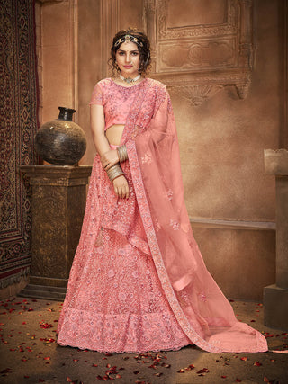 Myra Blush Heavy Embroidered Net Lehenga - Distacart