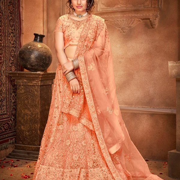 Myra Peach Heavy Embroidered Net Lehenga - Distacart