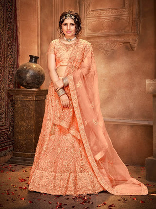 Myra Peach Heavy Embroidered Net Lehenga - Distacart