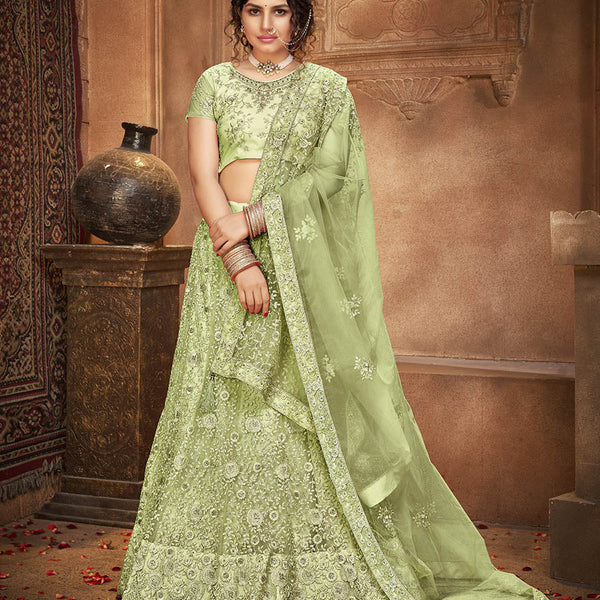 Myra Pista Green Heavy Embroidered Net Lehenga - Distacart