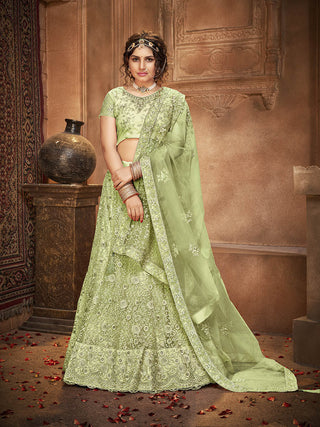Myra Pista Green Heavy Embroidered Net Lehenga - Distacart