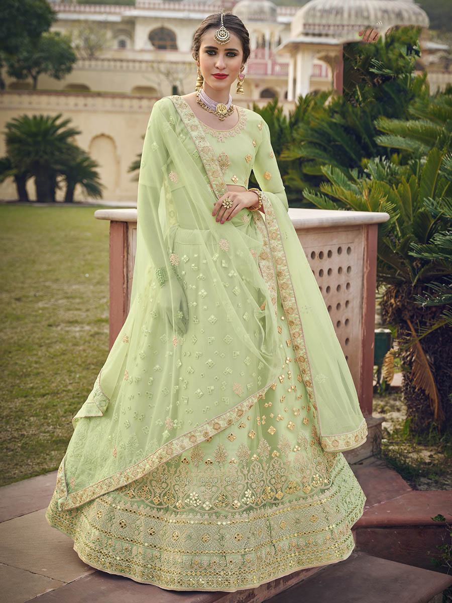 Myra Mint Green Net Heavy Embroidered Designer Lehenga - Distacart
