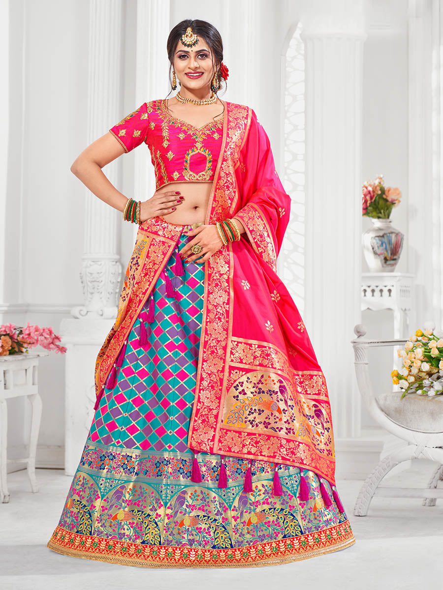 Myra Multicolour Jaquard Silk Lehenga - Distacart