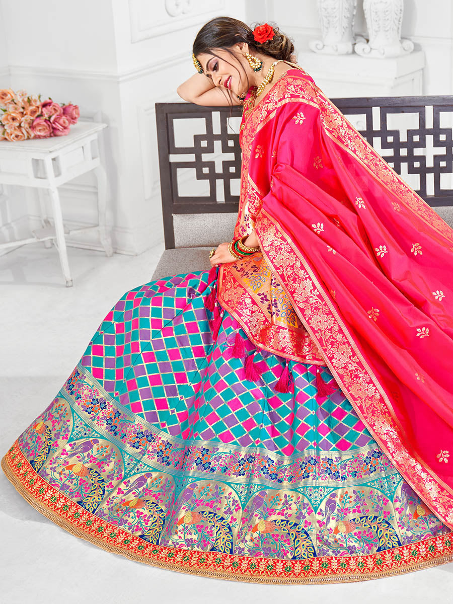 Myra Multicolour Jaquard Silk Lehenga - Distacart