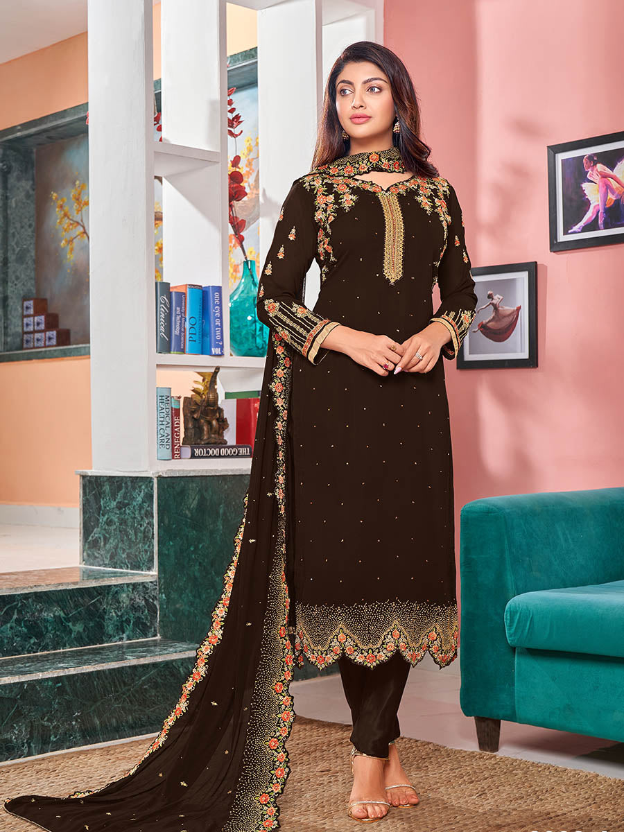 Myra Brown Heavy Faux Georgette Embroidered Churidar Suit - Distacart