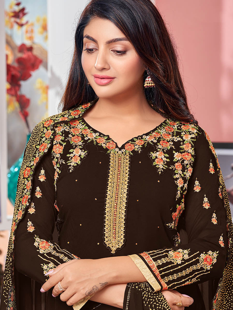 Myra Brown Heavy Faux Georgette Embroidered Churidar Suit - Distacart