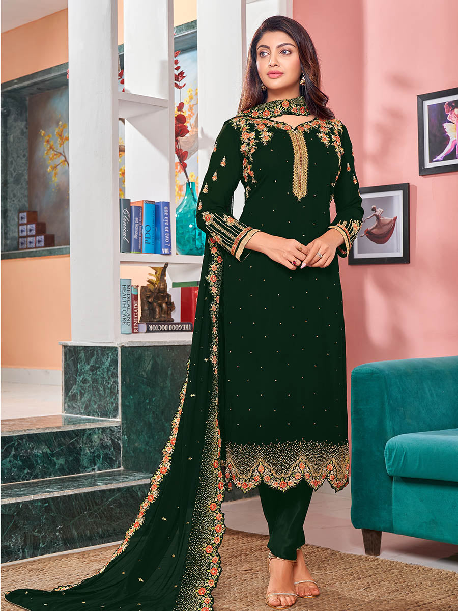 Myra Deep Green Heavy Faux Georgette Embroidered Churidar Suit - Distacart