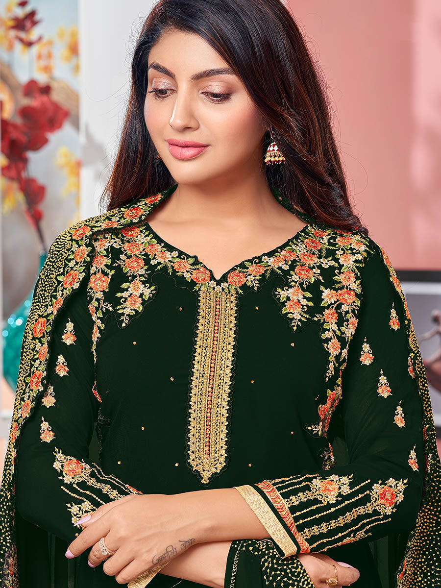 Myra Deep Green Heavy Faux Georgette Embroidered Churidar Suit - Distacart