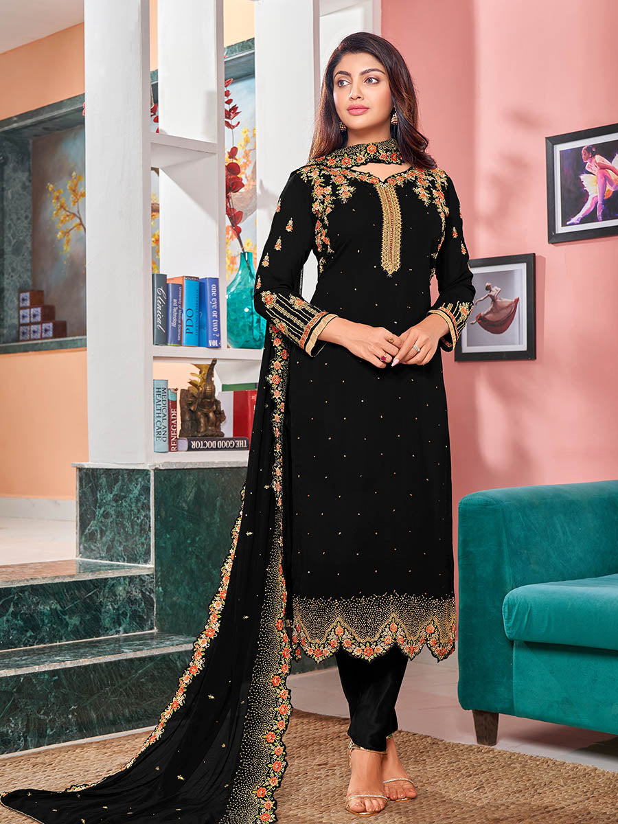 Myra Black Heavy Faux Georgette Embroidered Churidar Suit - Distacart