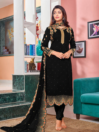 Myra Black Heavy Faux Georgette Embroidered Churidar Suit - Distacart