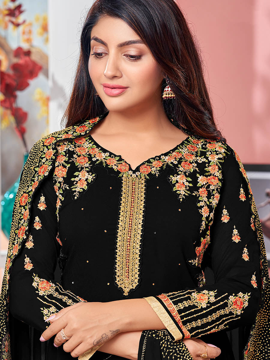 Myra Black Heavy Faux Georgette Embroidered Churidar Suit - Distacart