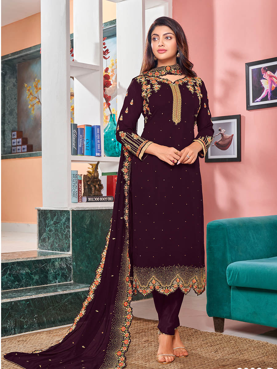 Myra Magenta Heavy Faux Georgette Embroidered Churidar Suit - Distacart