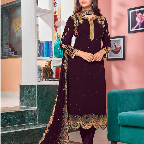 Myra Magenta Heavy Faux Georgette Embroidered Churidar Suit - Distacart