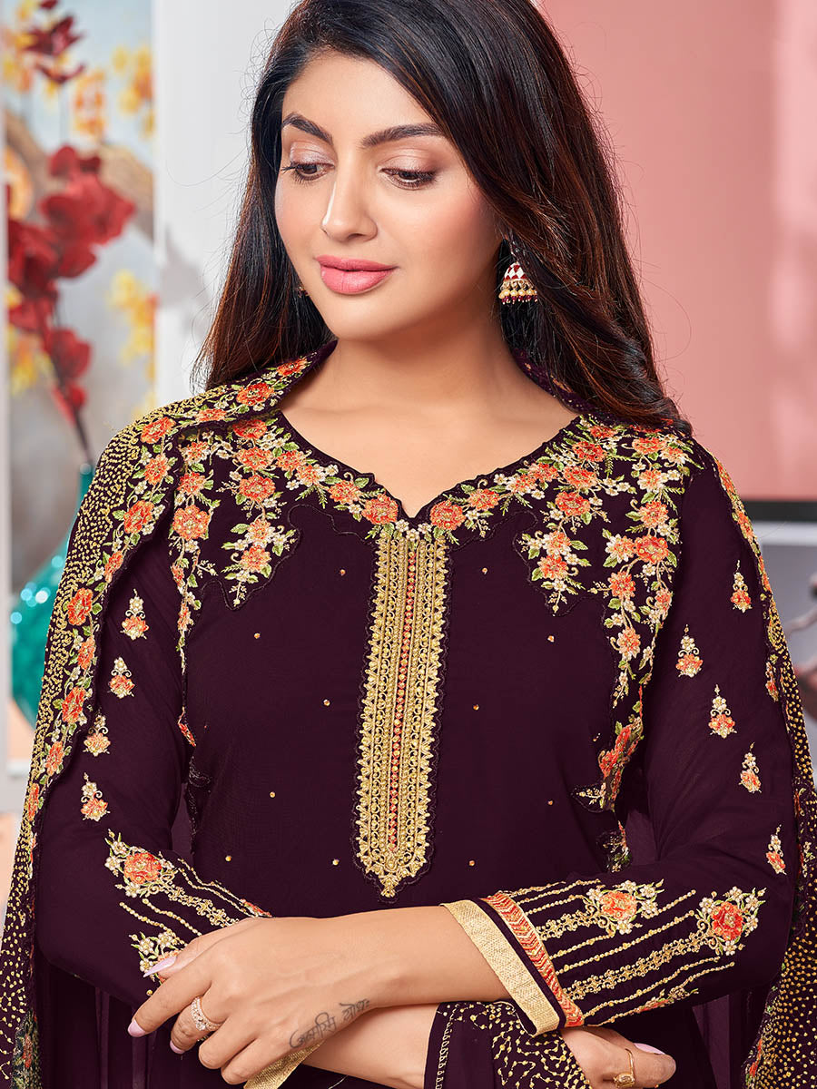 Myra Magenta Heavy Faux Georgette Embroidered Churidar Suit - Distacart