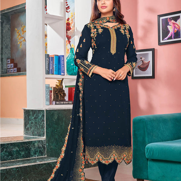 Myra Navy Blue Heavy Faux Georgette Embroidered Churidar Suit - Distacart