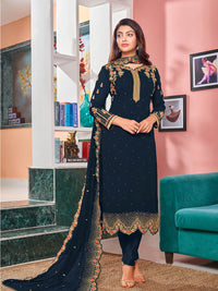 Thumbnail for Myra Navy Blue Heavy Faux Georgette Embroidered Churidar Suit - Distacart