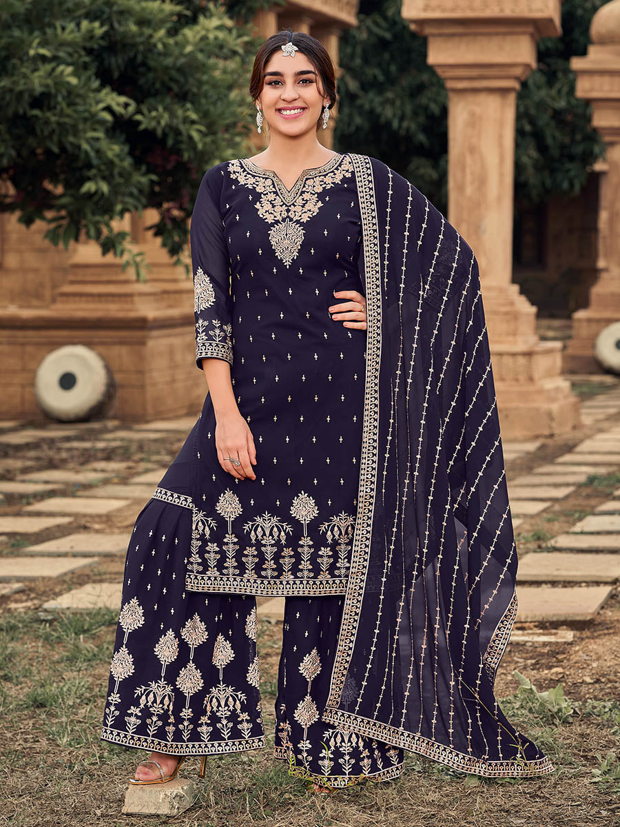 Myra Navy Blue heavy Georgette Koti Style Embroidered Sharara Suit