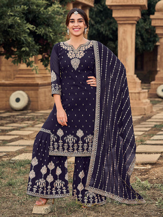 Myra Navy Blue heavy Georgette Koti Style Embroidered Sharara Suit