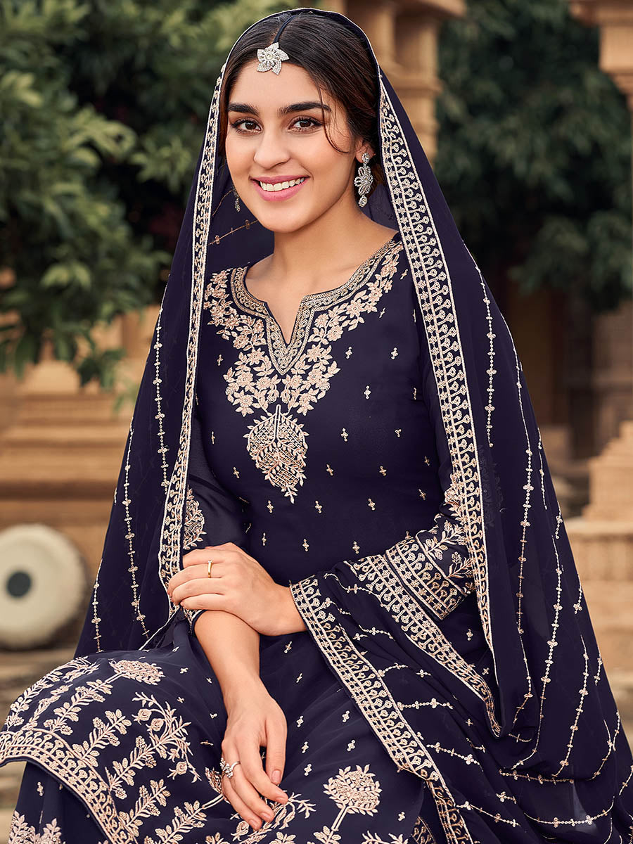 Myra Navy Blue heavy Georgette Koti Style Embroidered Sharara Suit