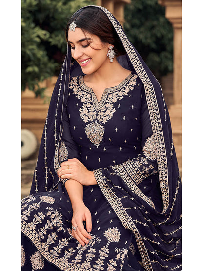 Myra Navy Blue heavy Georgette Koti Style Embroidered Sharara Suit