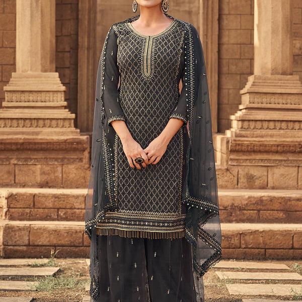 Myra Dusty Grey Heavy Georgette Embroidered Sharara Suit