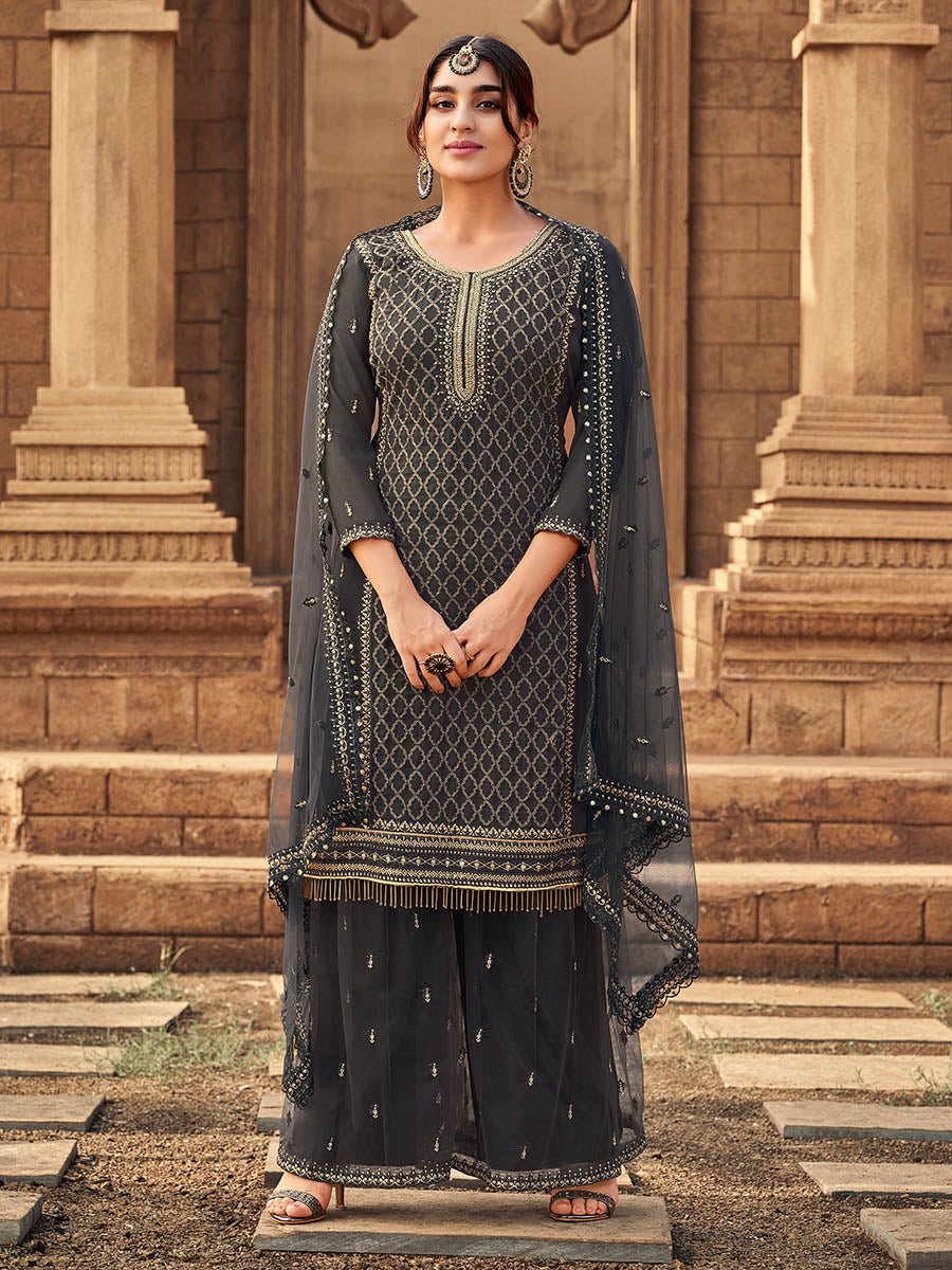 Myra Dusty Grey Heavy Georgette Embroidered Sharara Suit