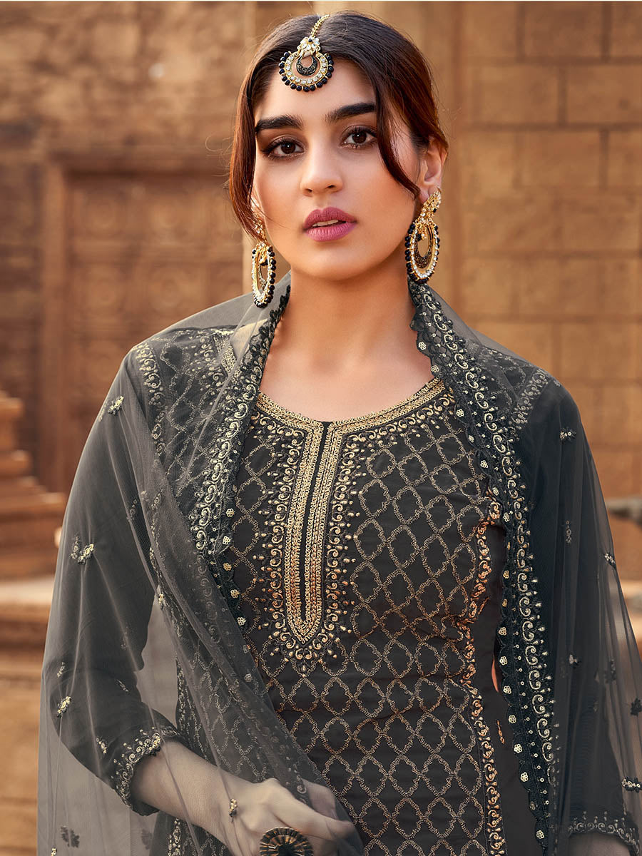 Myra Dusty Grey Heavy Georgette Embroidered Sharara Suit