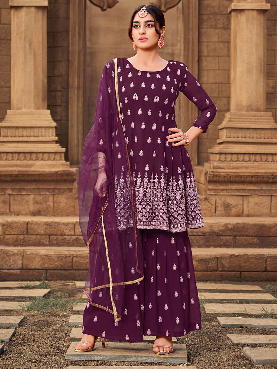 Myra Purple heavy Georgette Koti Style Embroidered Sharara Suit