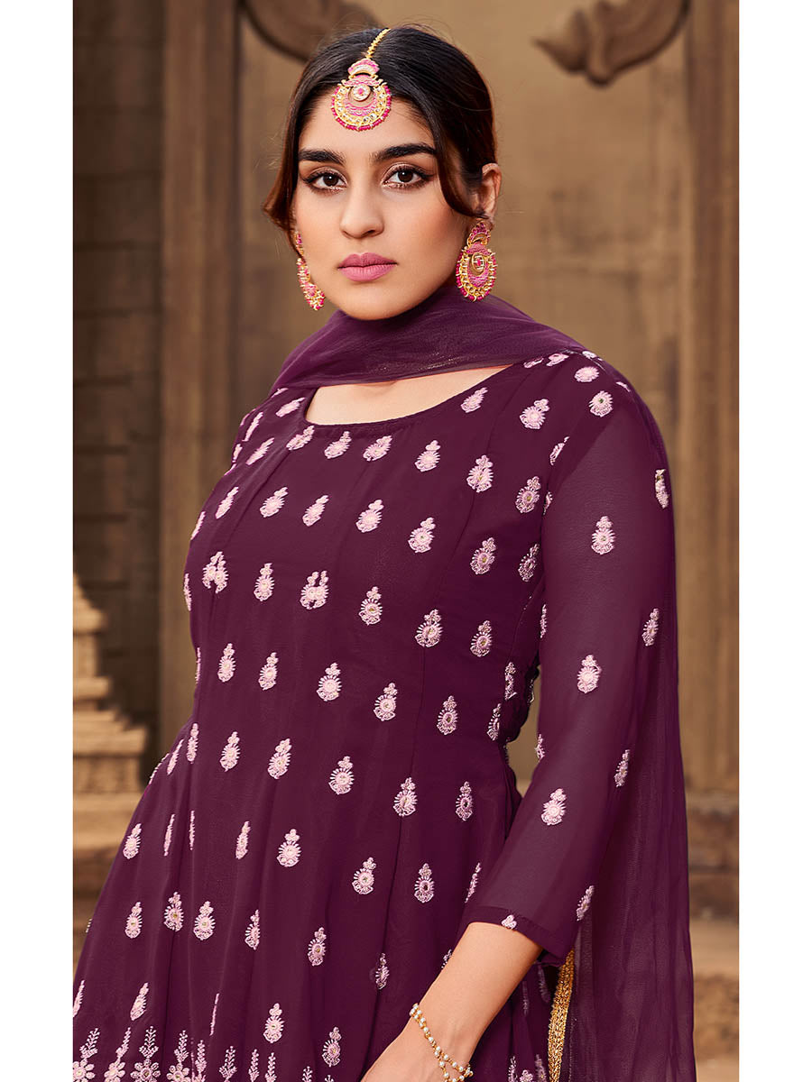 Myra Purple heavy Georgette Koti Style Embroidered Sharara Suit