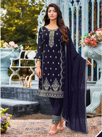 Thumbnail for Myra Navy Blue Heavy Faux Georgette Embroidered Pant Style Suit - Distacart